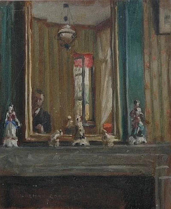 Il camino, l'artista riflesso nello specchio